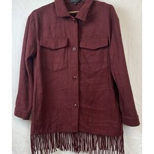 Laundry by Shelli Segal L Fringe Boho Shirt Shacket Jacket Womans Red Burgundy